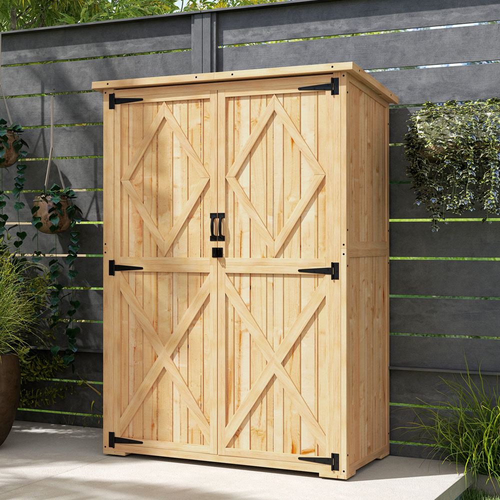 Outsunny 5.4 x 3.8ft Natural Double Door Wooden Tool Storage Cabinet Image 3