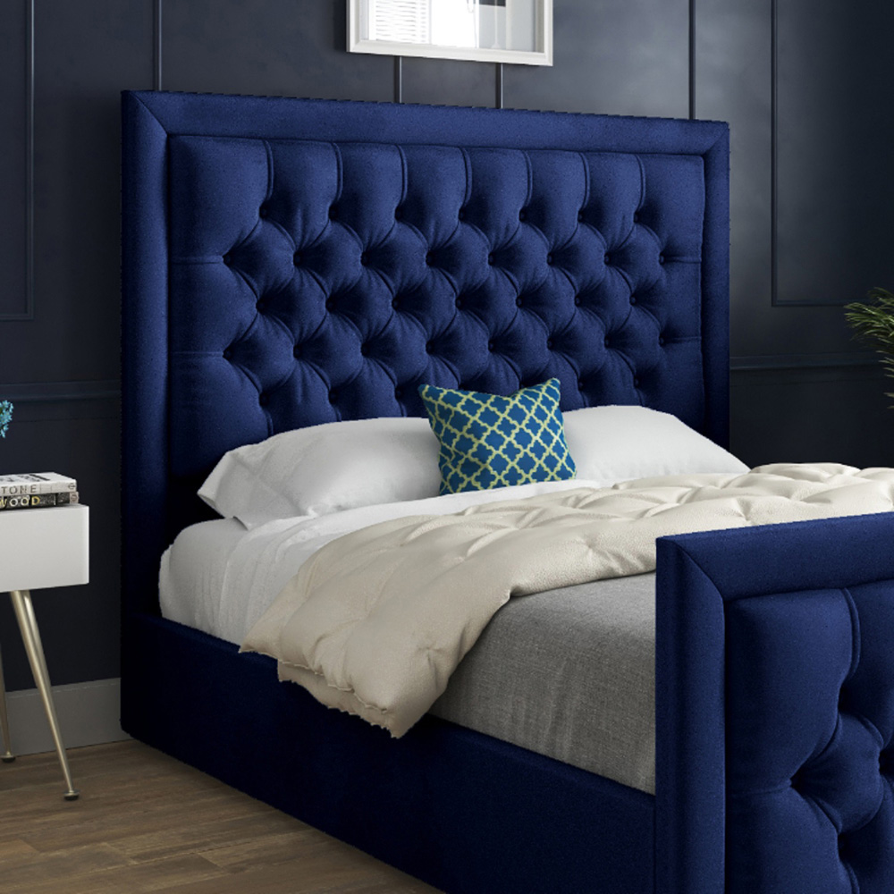 Rovigo Super King Size Blue Soft Velvet Upholstered Bed Frame with Deep Buttoned Headboard Image 3