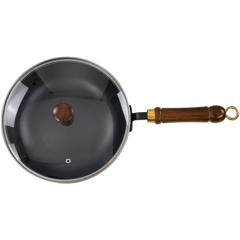 Living and Home 24cm Black Iron Deep Wok Pan with Glass Lid Image 5