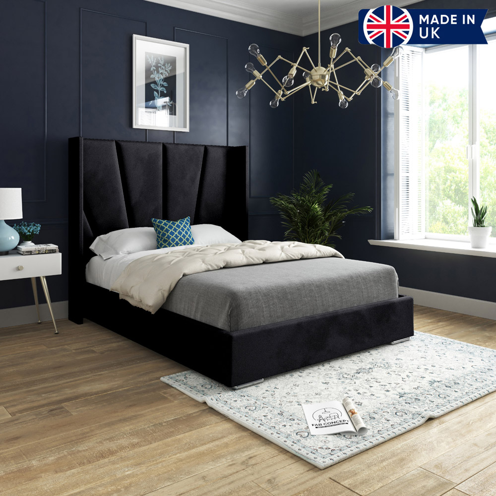 Bellini Black Small Single Velvet Upholstered Bed Frame with Wide Curved Winged Headboard Image 6