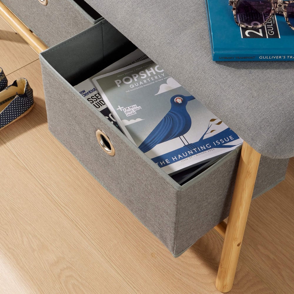 Home Source Jenson 2 Drawer Grey Padded Bamboo Shoe Storage Bench Image 4