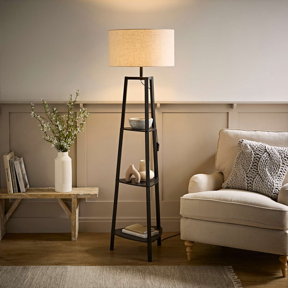 ValueLights Hiru 3 Shelf Linen Drum Shade Black Wooden Floor Lamp with Bulb Image 5