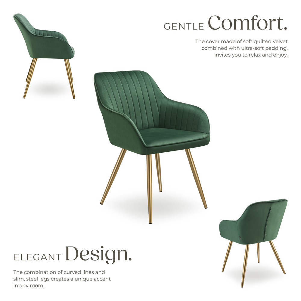 tectake Marilyn Dark Green and Gold Quilted Velvet Dining Chair Image 4
