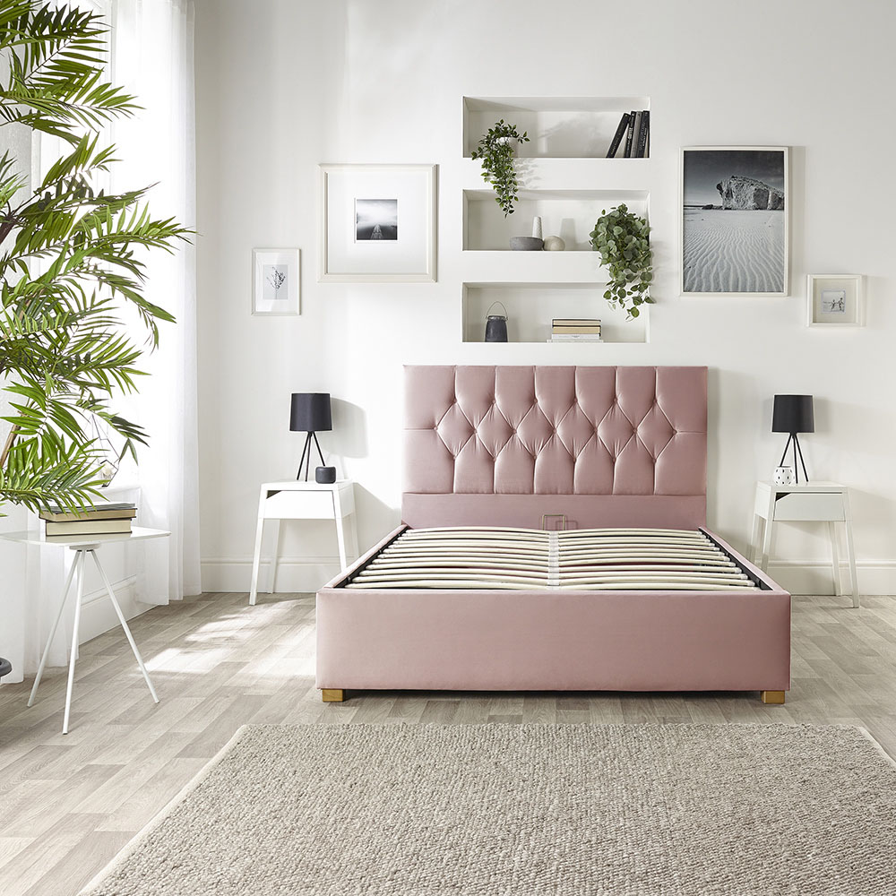 Catherine Lansfield Boutique Small Double Blush Velvet Ottoman Bed Image 6