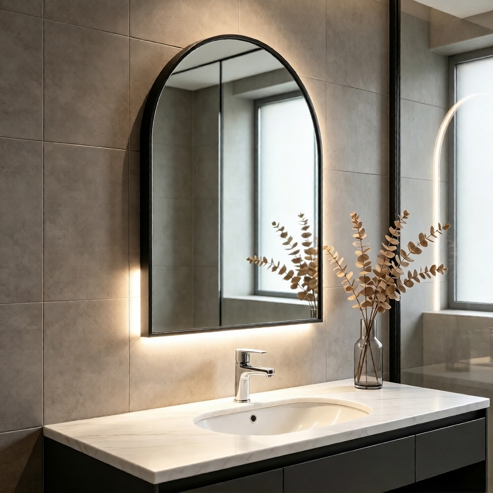 Living and Home Black Arched Aluminium Framed HD Float Glass Bathroom Mirror 50 x 80cm Image 2