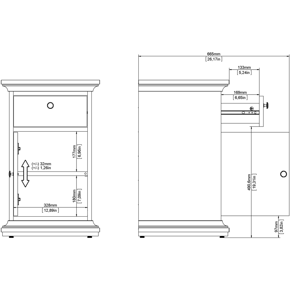 Florence Paris Single Door Single Drawer White Bedside Table Image 9