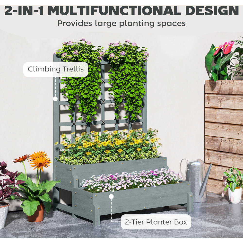 Outsunny 2 Tier Grey Wooden Raised Bed with Trellis Image 8
