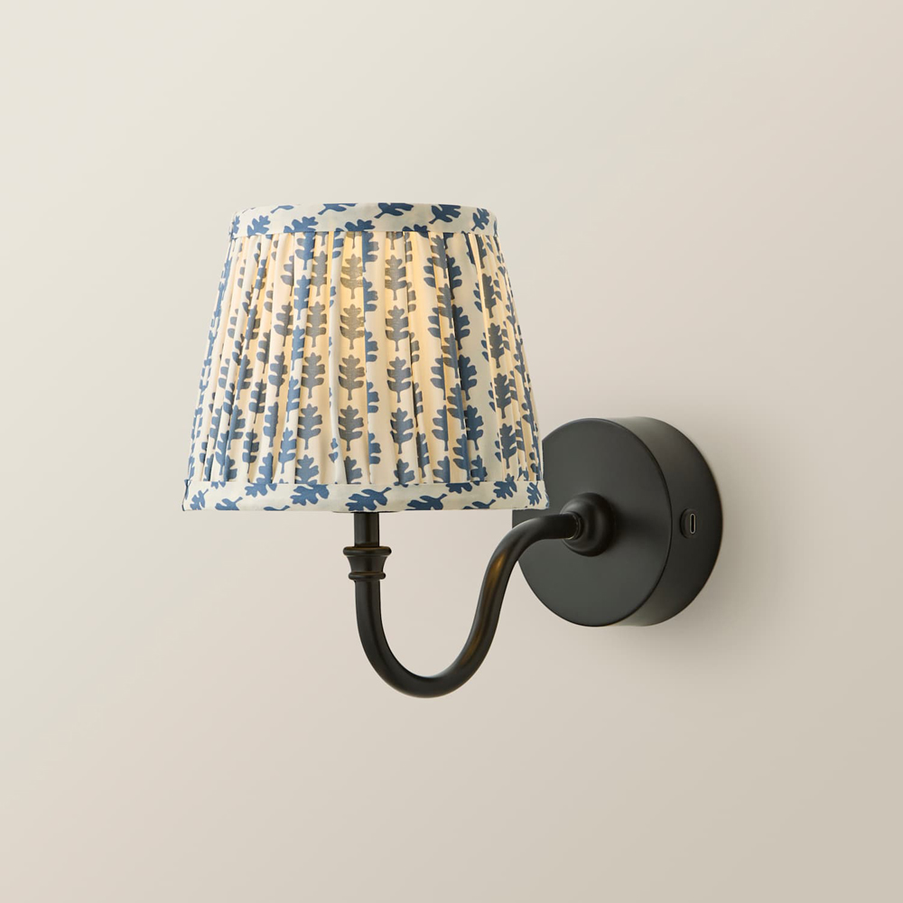 ValueLights Lowe Blue Ditsy Floral Pleated Shade Black Rechargeable Wall Light with Bulb Image 3