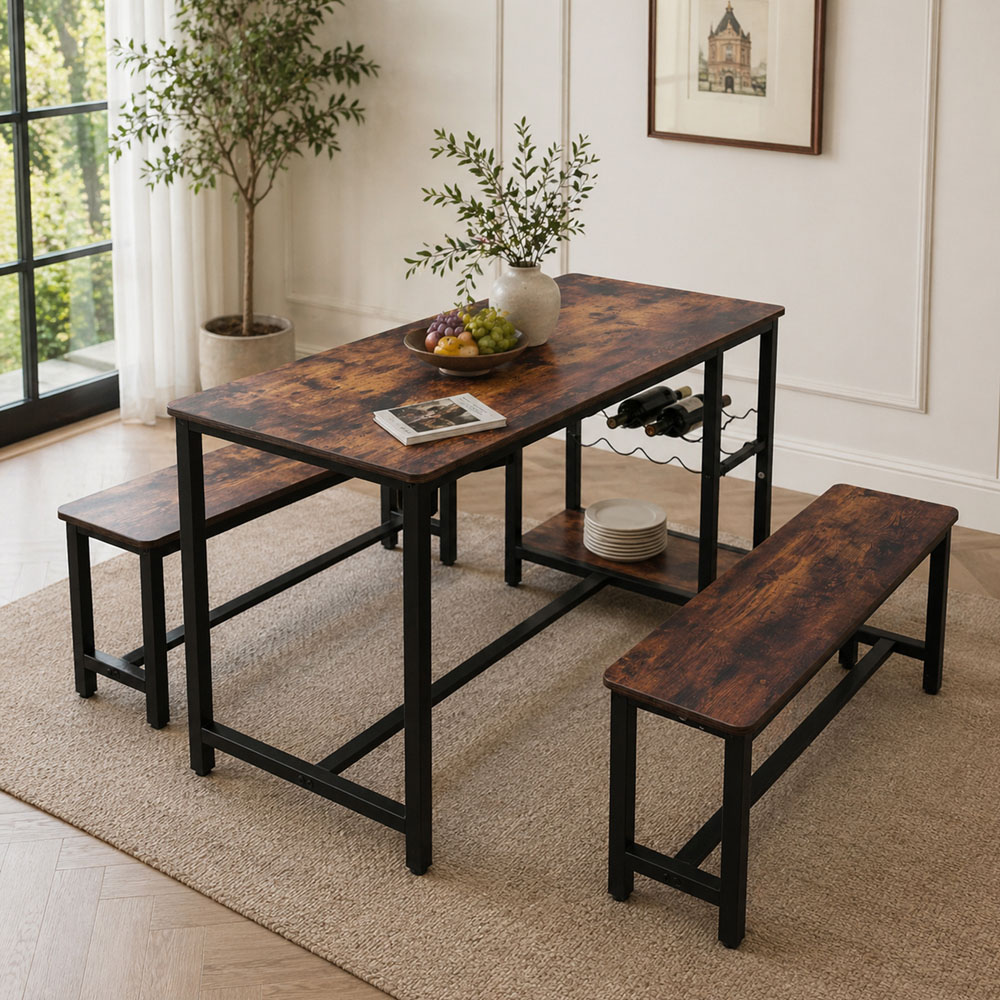 Abrihome 4 Seater Outdoor Dining Bench Set with Shelf and Wine Rack Brown Image 5