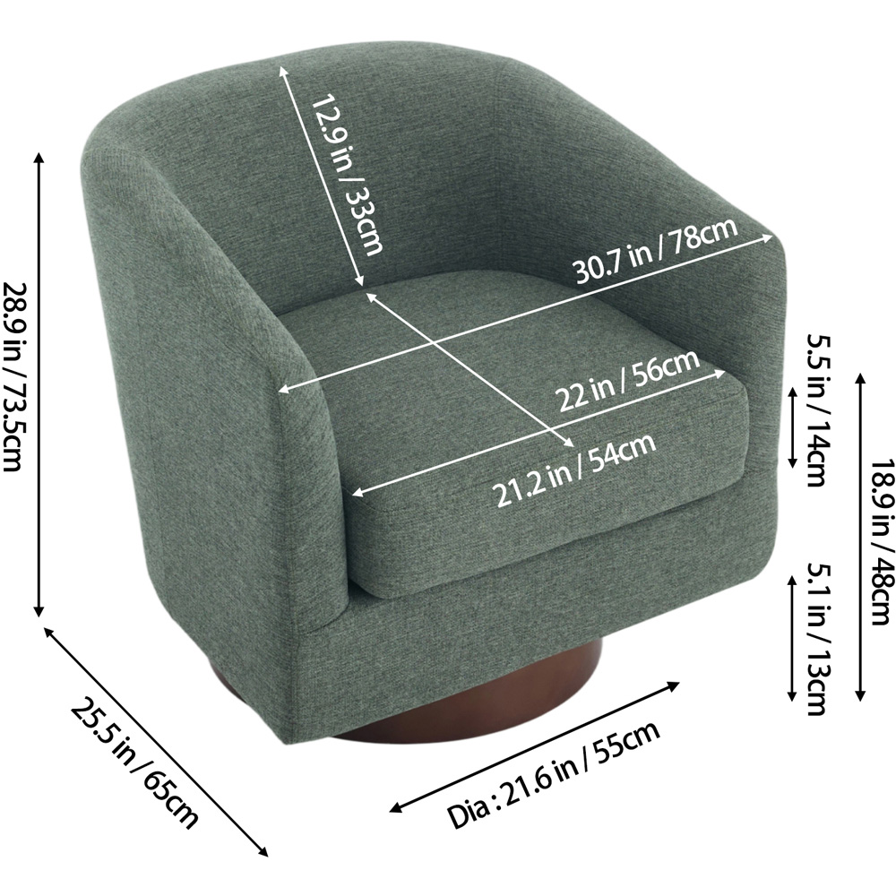Living and Home Dark Green Linen Curved Barrel Swivel Armchair Image 9