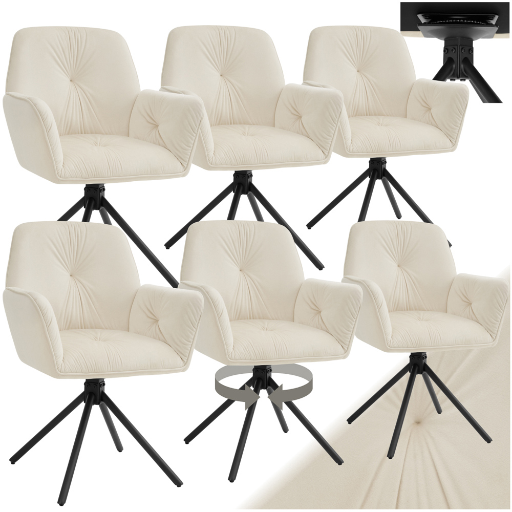 tectake Lenia Set of 6 Cream and Black Velvet Swivel Chair Image 2