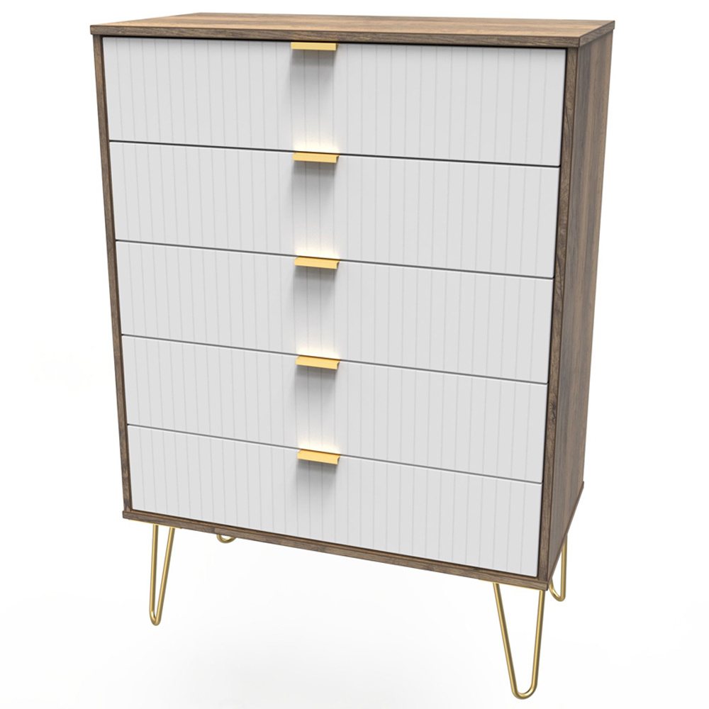 Crowndale 5 Drawer White Matt and Vintage Oak Wide Chest of Drawers Ready Assembled Image 2