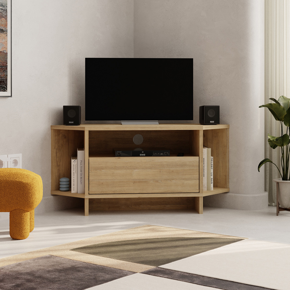 Decortie Viva 3 Shelf Single Cabinet Oak Finish Modern Corner TV Stand Image 4