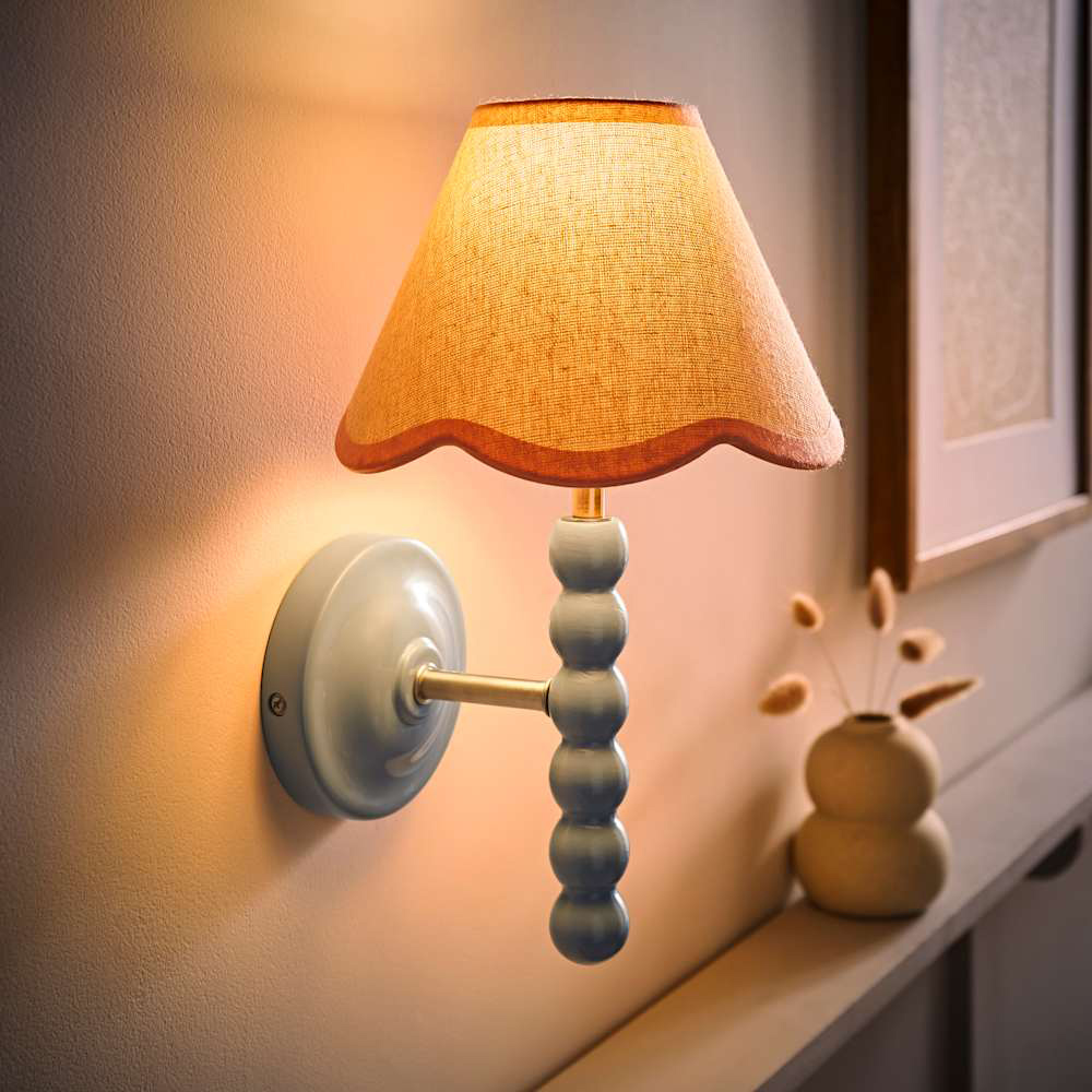 ValueLights Pink Trim Scallop Shade Blue Bobbin LED Wall Light with Bulb 2 Pack Image 2