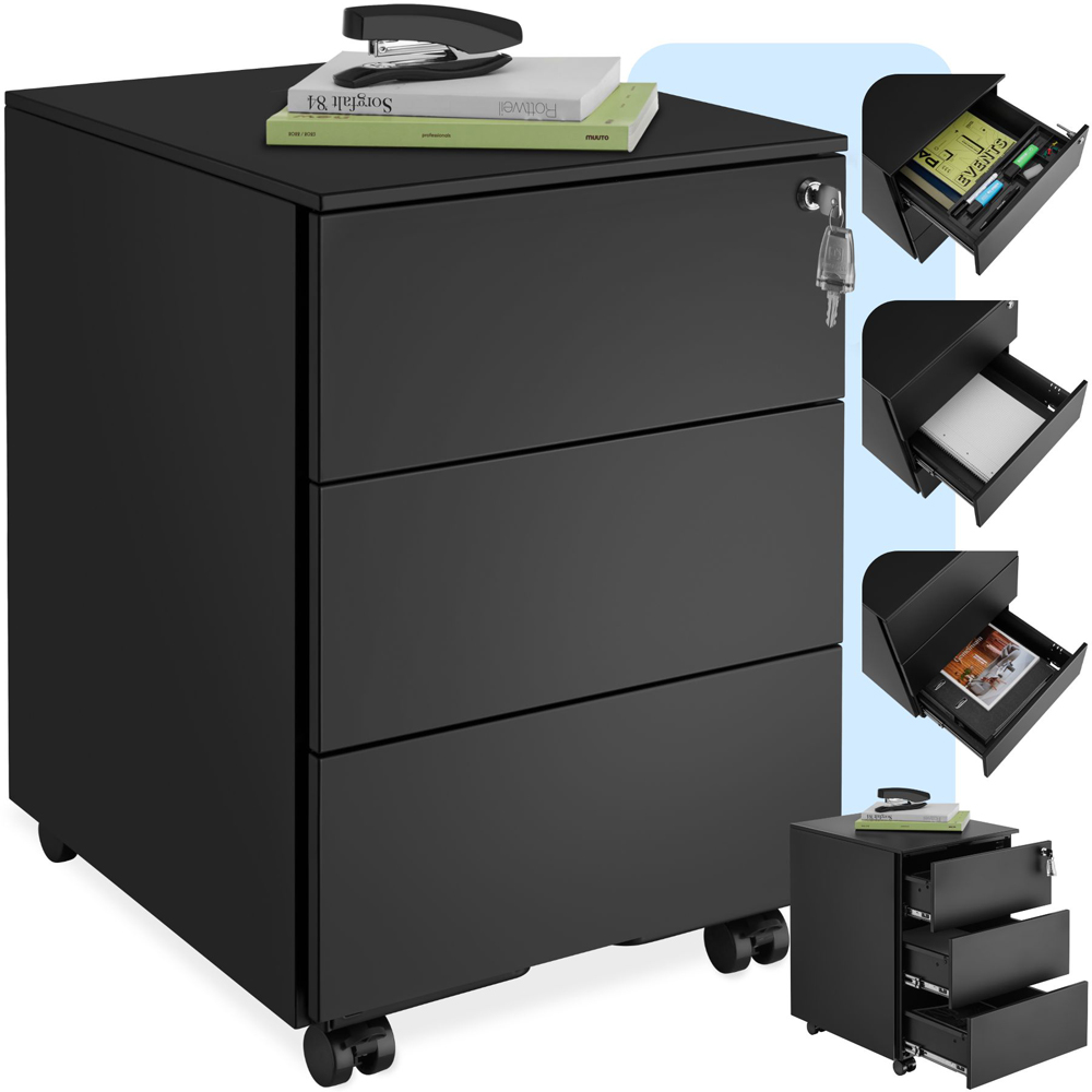 tectake Magna 3 Drawers Black Lockable Chest of Drawers Image 2