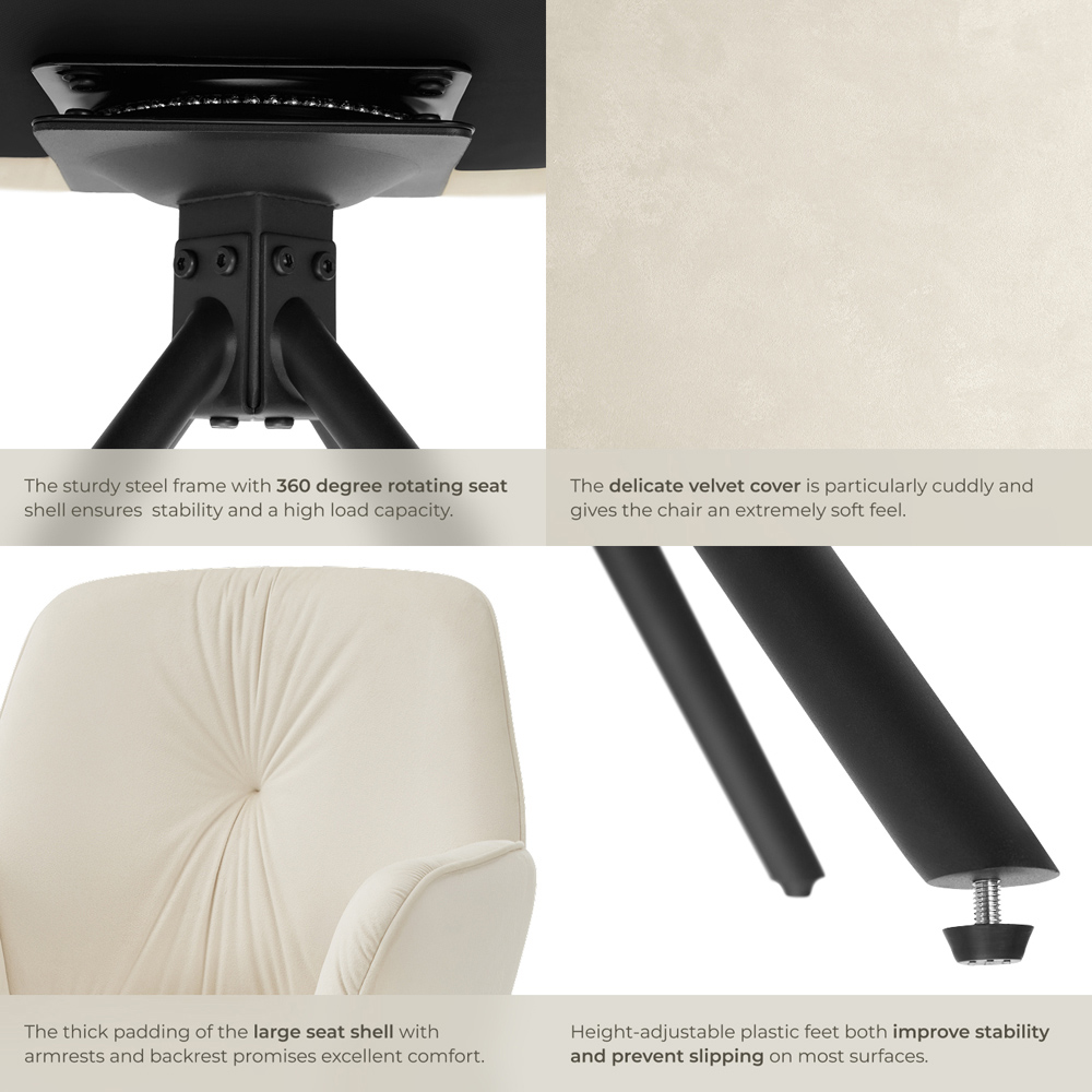 tectake Lenia Set of 6 Cream and Black Velvet Swivel Chair Image 5