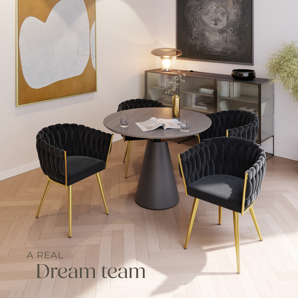 tectake Astano Set of 4 Black and Gold Velvet Padded Knot Design Dining Chair Image 7