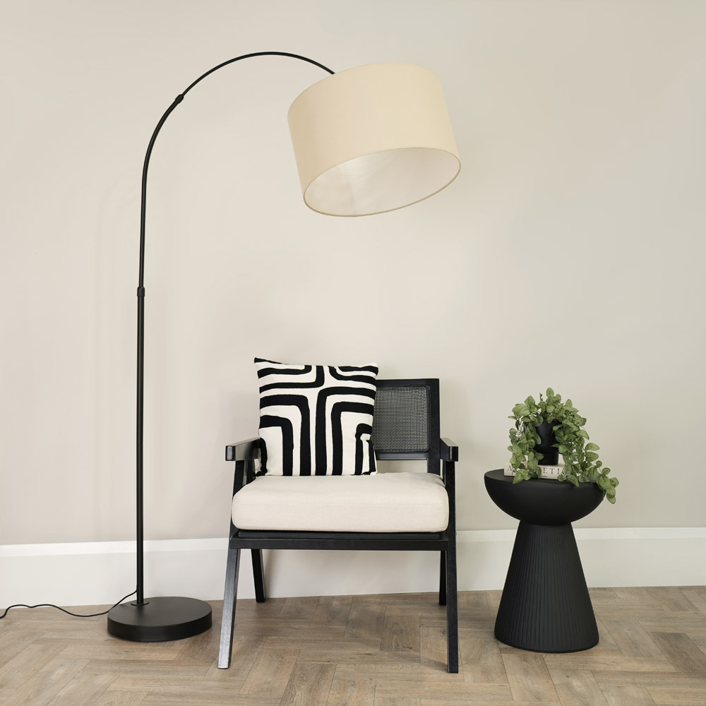 ValueLights Louis Natural Fabric Drum Shade Black Curved LED Floor Lamp Image 3