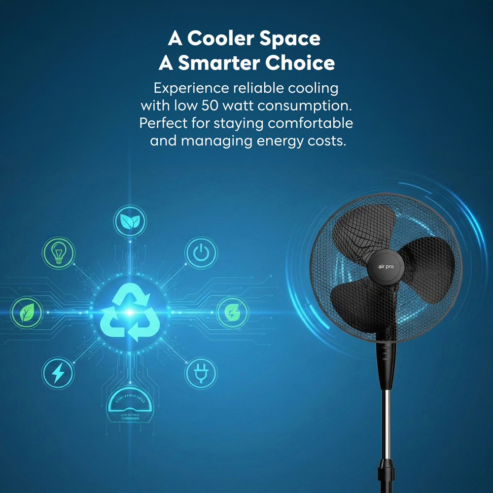 Air Pro Black Mono Height Adjustable Oscillating Air Cooling and Circulator Pedestal Fan 16 inch Image 4