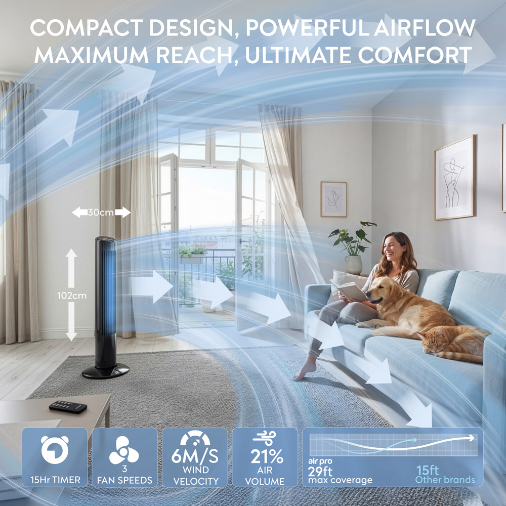 Air Pro Black SmartVoice Control Oscillating Bladeless Mono Tower Fan with Remote 40 inch Image 9