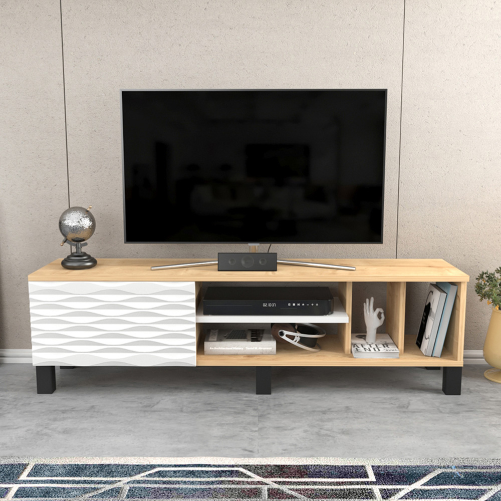 Decorotika Olyo Single Door 4 Shelf Oak and White TV Unit Image 1