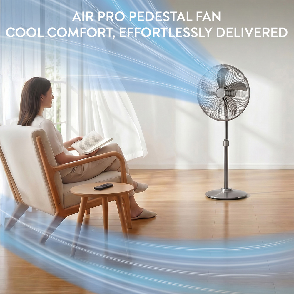 Air Pro Grey Brushed Height Adjustable Oscillating Standing Pedestal Fan 16 inch Image 2