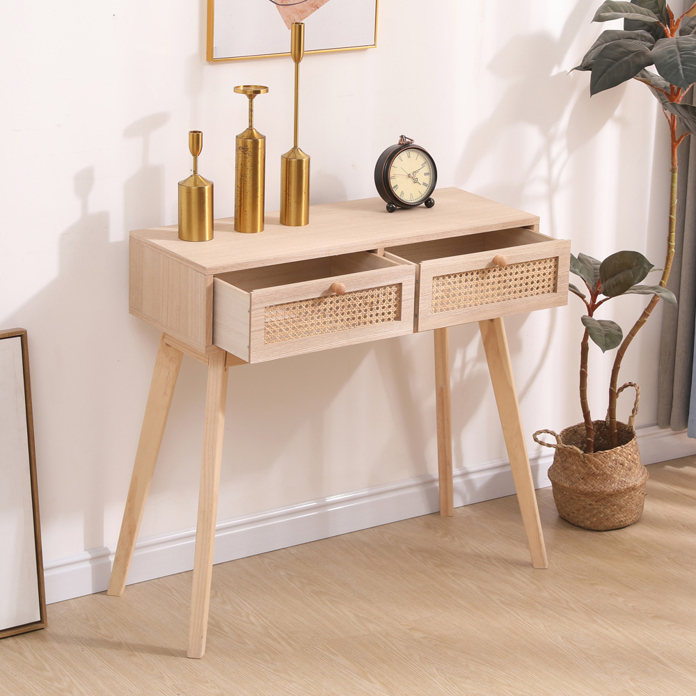 FurnitureHMD 2 Drawer Natural Rattan Weaving Console Table Image 5