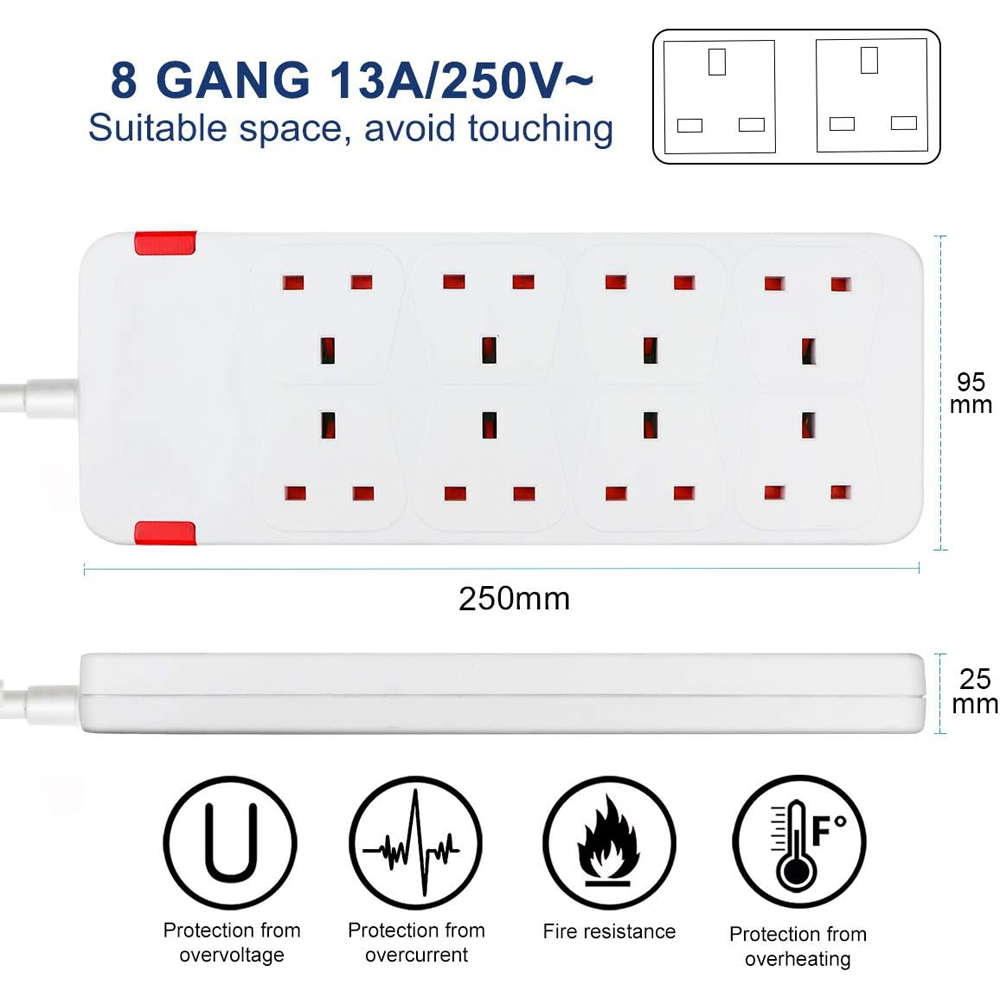 ExtraStar 13A 5m 8 Socket Child Resistant White Extension Lead with Indicate Light Image 5