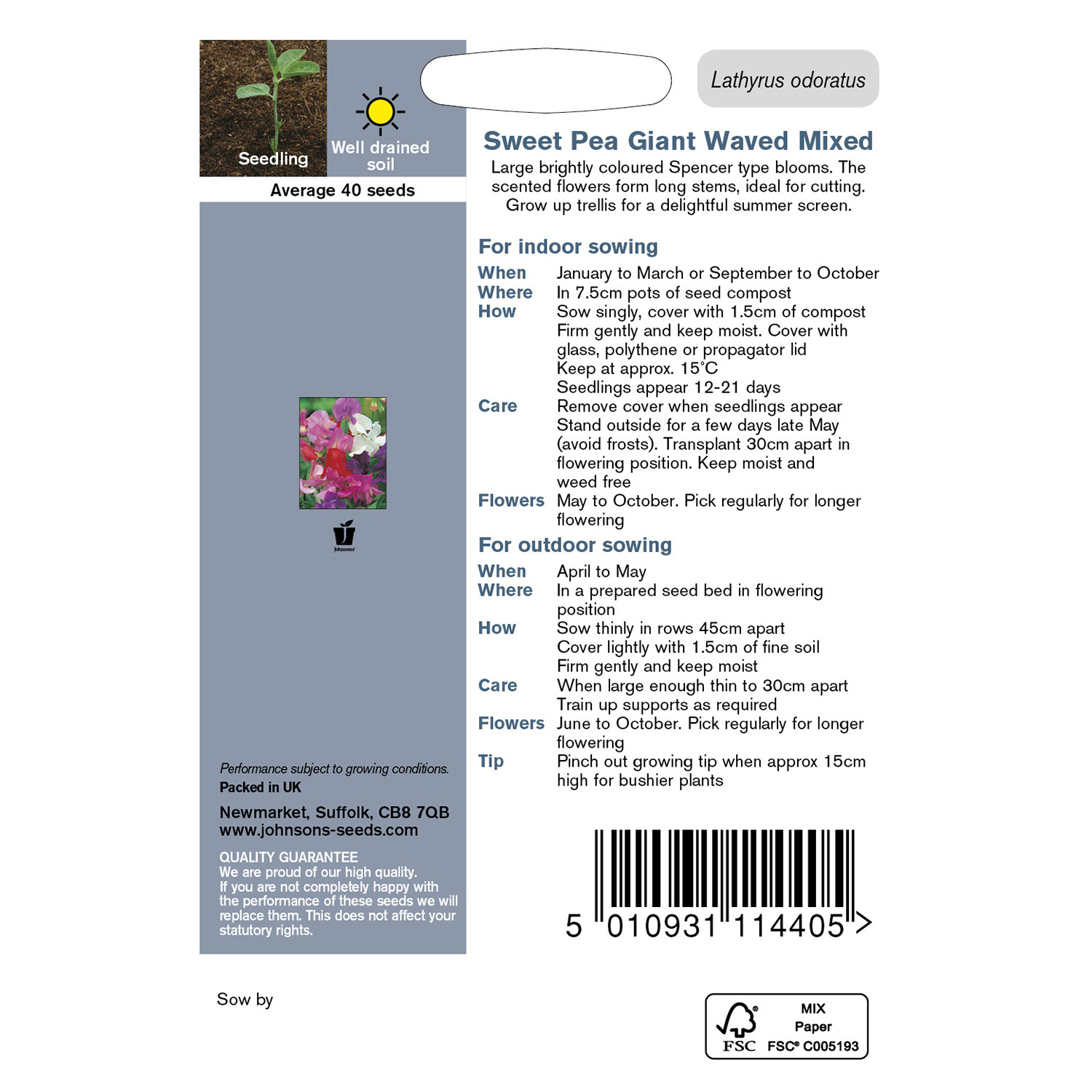 Johnsons Pack of Sweet Pea Giant Waved Mixed Flower Seeds Image 2