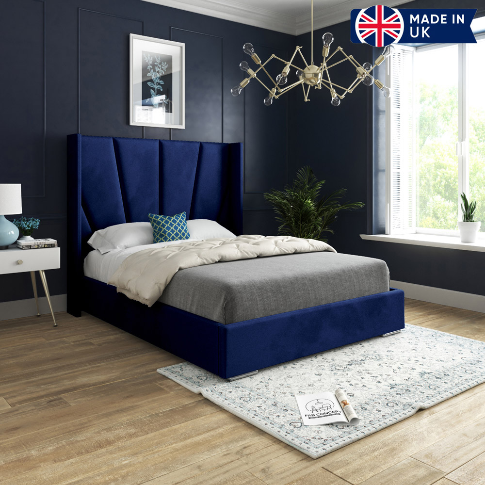 Bellini Blue Single Velvet Upholstered Bed Frame with Wide Curved Winged Headboard Image 6