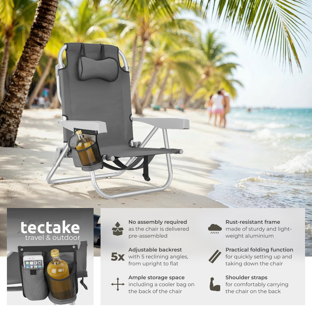 tectake Coral Set of 2 Grey Foldable Beach Chair with Backpack Image 3