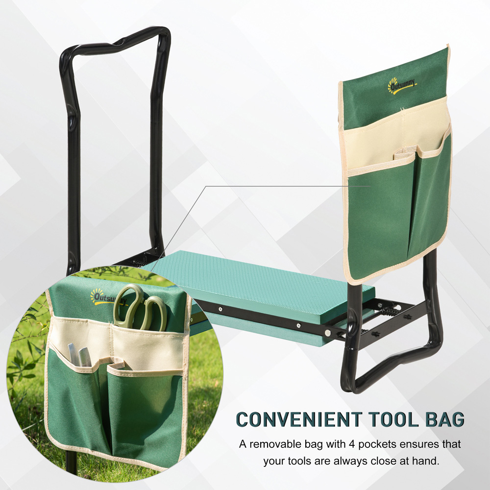Outsunny 2-in-1 Green Foam Pad Foldable Garden Bench and Kneeling Pad with Tool Bag Image 6