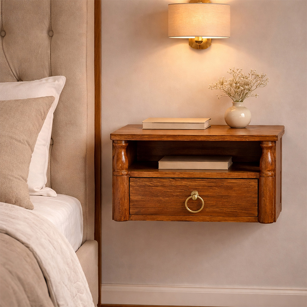 Artisan Furniture Tiger Oak Single Drawer Single Shelf Solid Wood Turned Pillar Nightstand Image 7