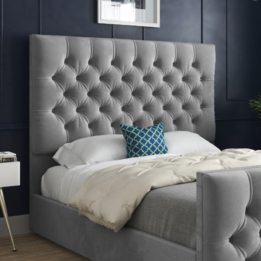 Novara Grey Small Single Velvet Upholstered Bed Frame with Pleated Chesterfield Headboard Image 3