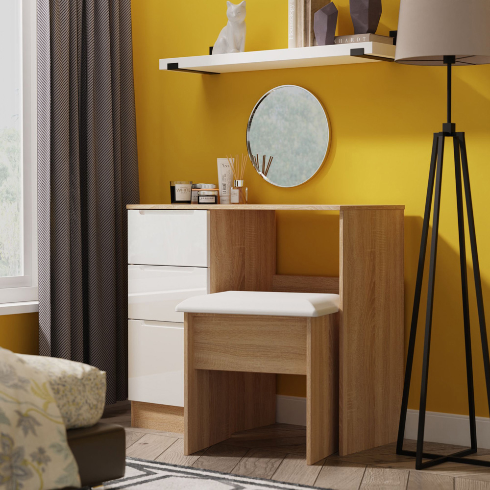 Crowndale Milan 3 Drawer White Gloss and Bardolino Oak Dressing Table Ready Assembled Image 8