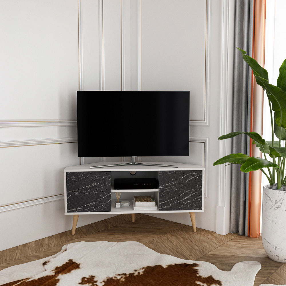 Decorotika Lesson 2 Door 2 Shelf White and Black Marble Effect Corner TV Stand Image 8