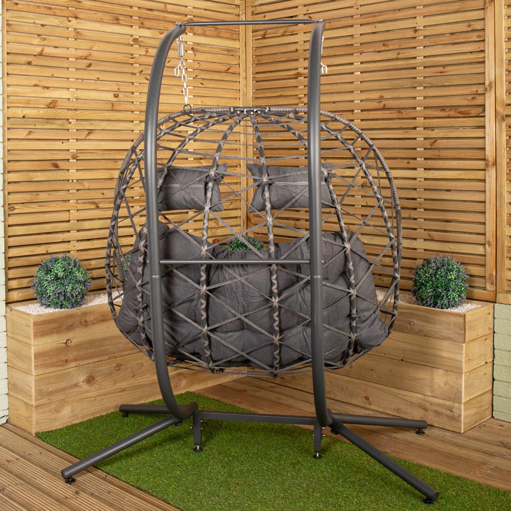 Samuel Alexander 2 Seater Rattan Hanging Garden Egg Chair with Grey Waterproof Cover Image 4