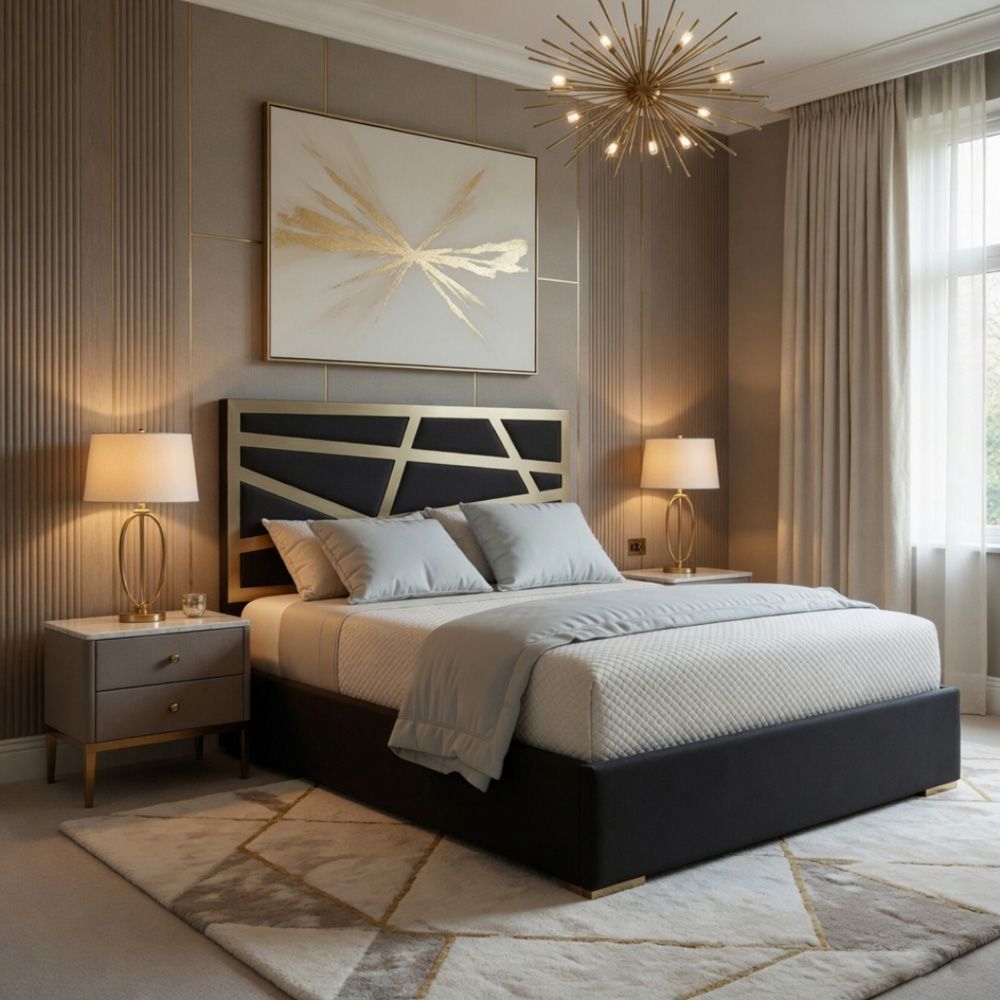 Arabella Black King Size Velvet Upholstered Metal Bed Frame with Panelled Headboard Image 5