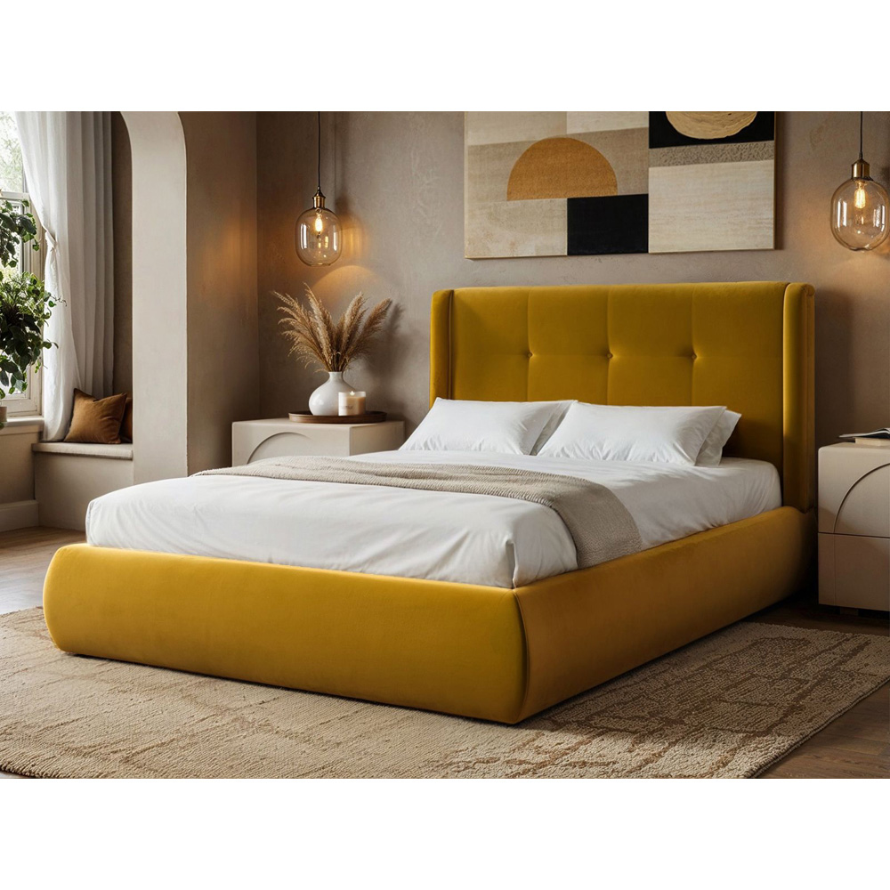 Solace+Co Monte King Size Gold Velvet Ottoman Bed with Winged Button Headboard Image 6