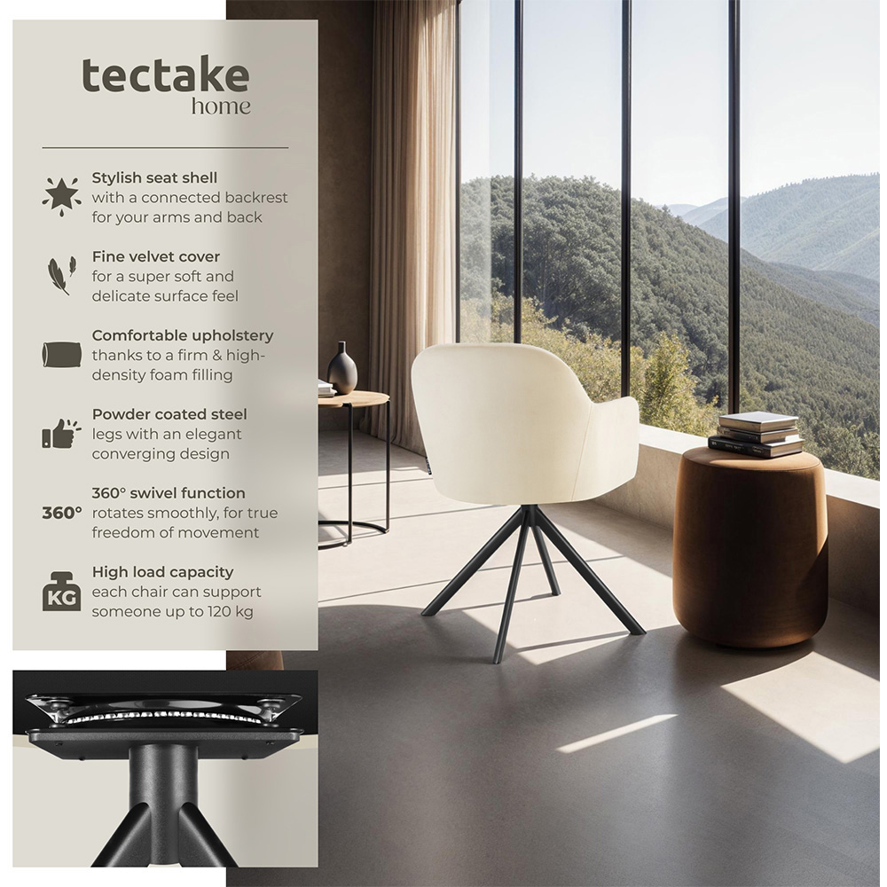 tectake Set of 2 Cream and Black Velvet Swivel Armchair Image 6