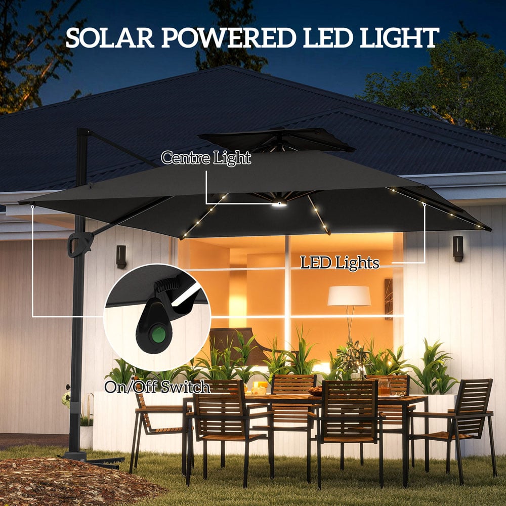Outsunny 2 Tier Grey Aluminium Solar LED Crank and Tilt Cantilever Parasol 3.5m Image 3