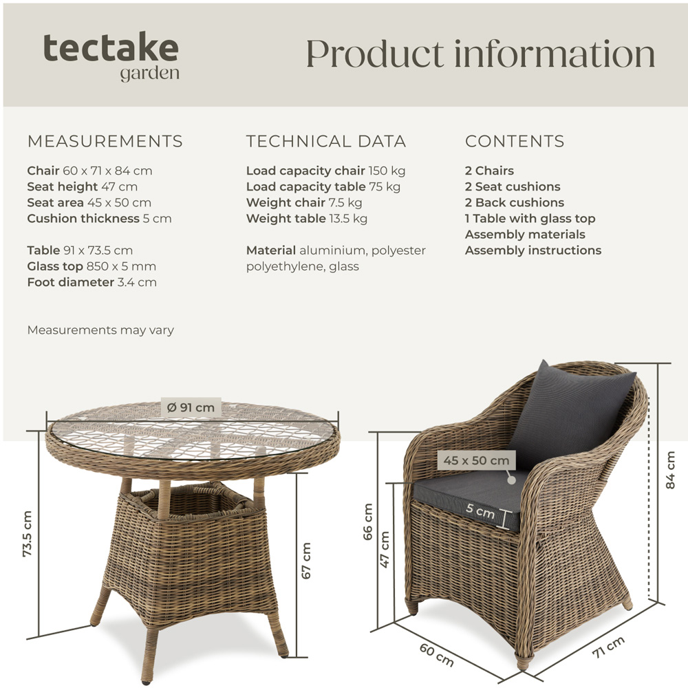 tectake Zurich 2 Seater Poly Rattan Garden Bar Dining Table Nature Image 9