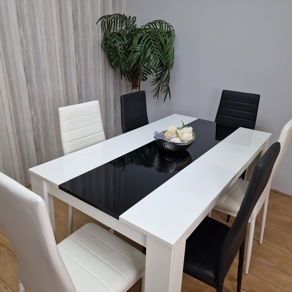 Portland Leather and Wood 6 Seater Dining Set Black and White Image 2
