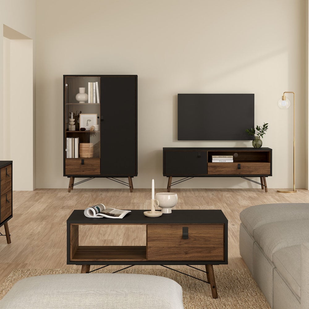Florence Ry Single Door Single Drawer Single Shelf Matt Black and Walnut TV Unit Image 6