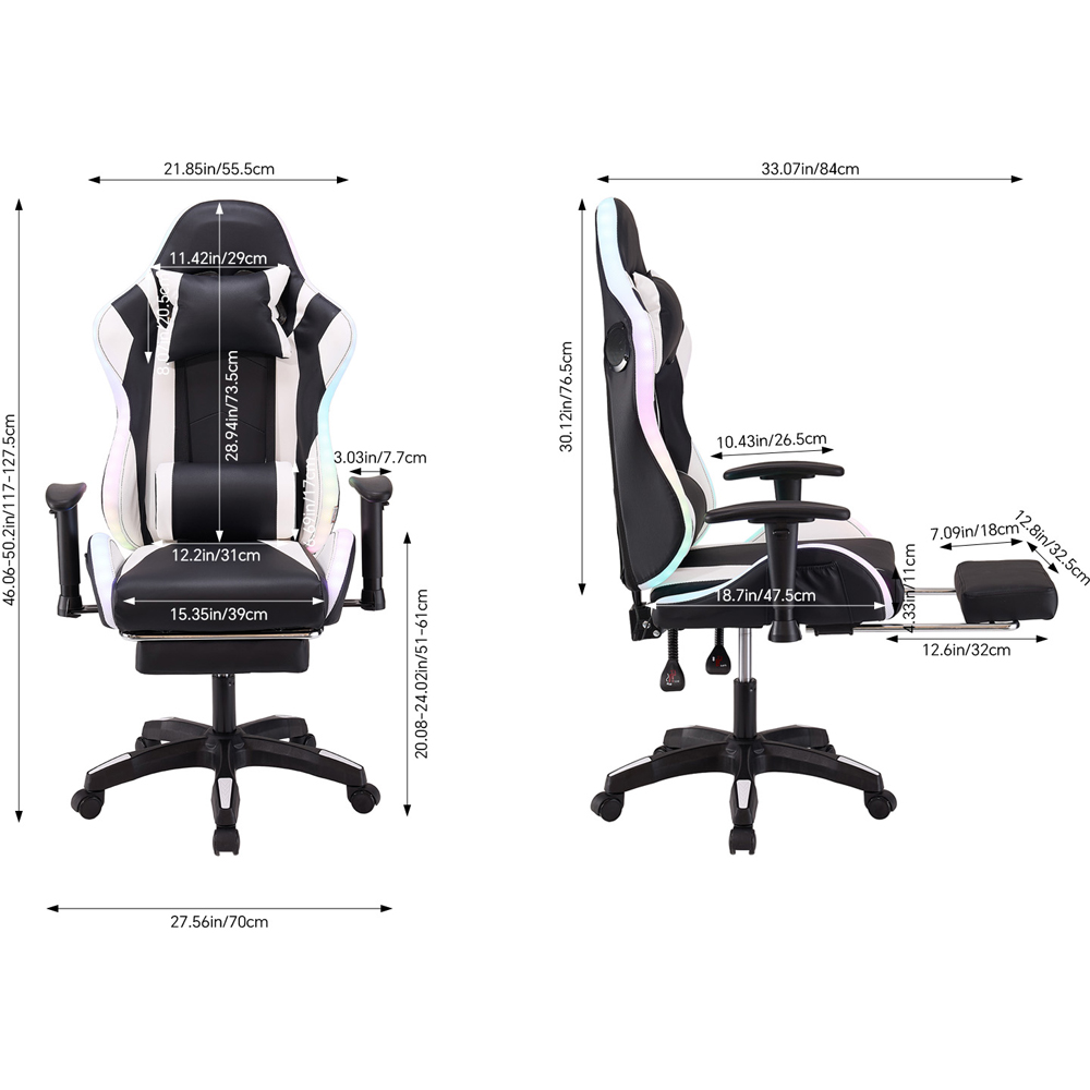 Living and Home Black and White RGB LED Bluetooth Speaker Gaming Chair with Massage and Footrest Image 9