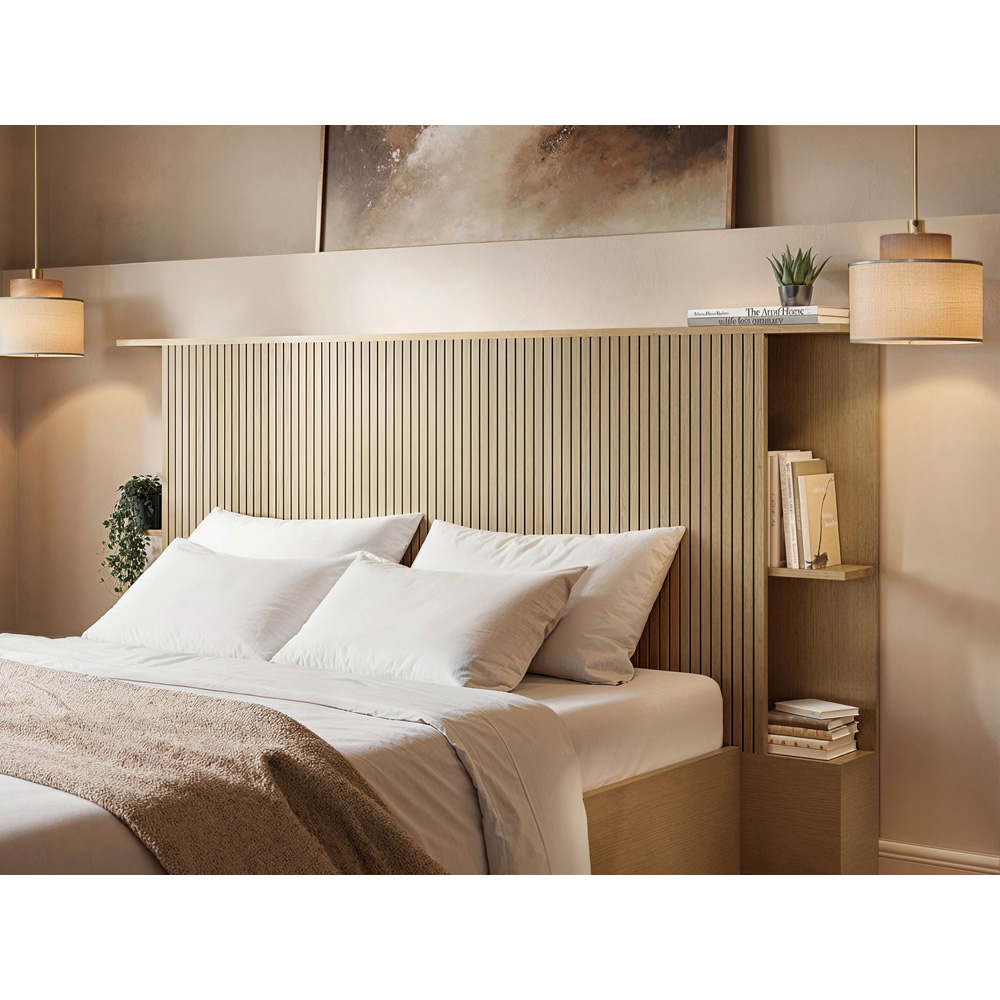SOLACE+CO Zora Double Oak Lift-Up Ottoman Bed with Headboard Shelf Image 3