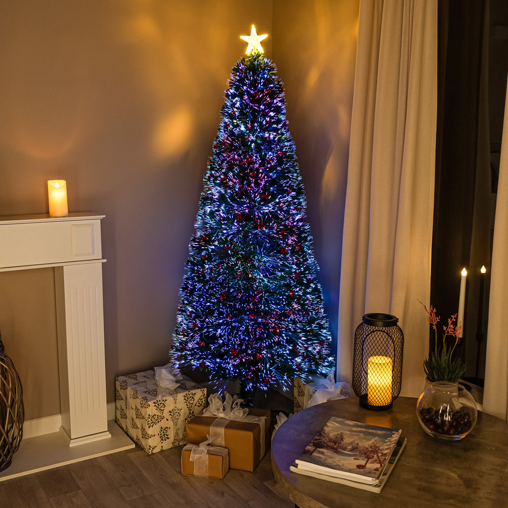 The Christmas Centre Warm White LED Green Fibre Optic Artificial Xmas Tree with Berries 7ft Image 2