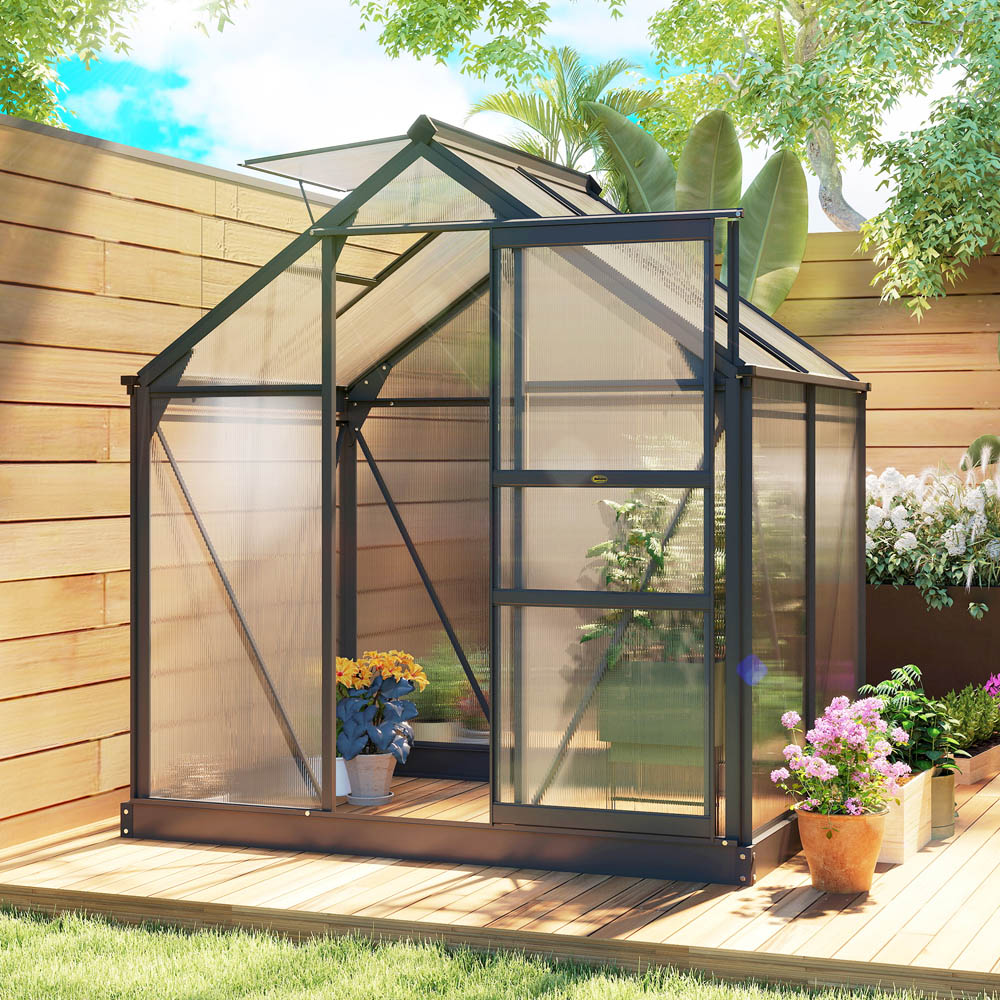 Outsunny 6 x 4ft Black Galvanised Aluminium Polycarbonate Walk In Greenhouse Image 2