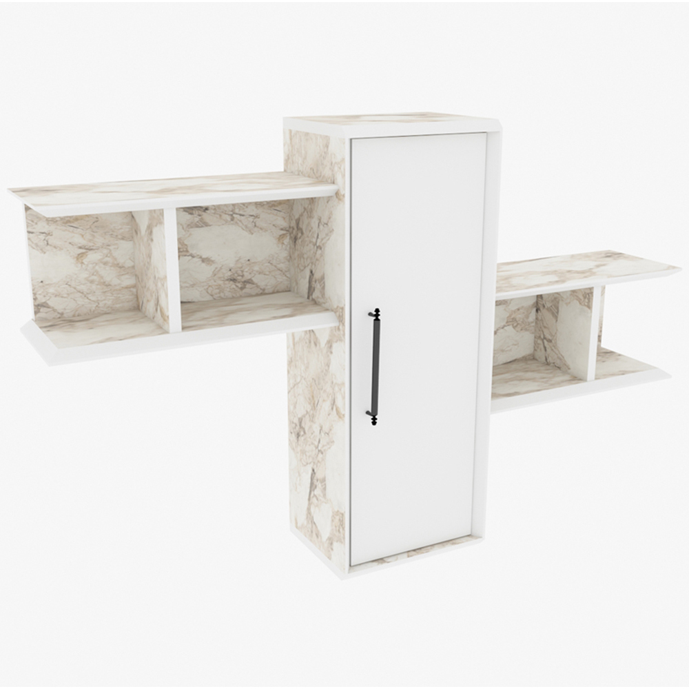 Decorotika Olida Single Door 4 Shelf White Marble Effect and White Wall Display Unit Image 2