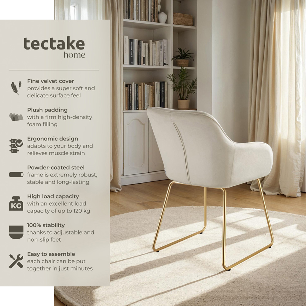 tectake Jeane Set of 6 Cream and Gold Velvet Look Dining Chair Image 3